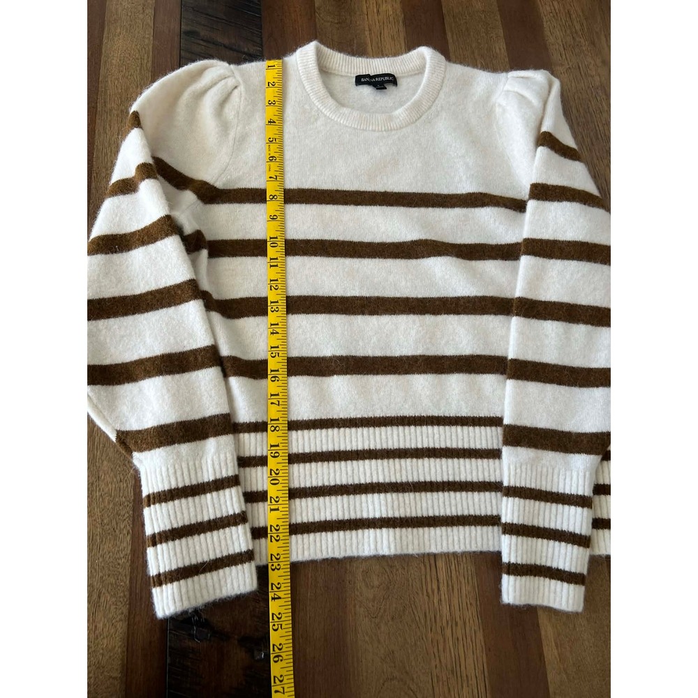 Banana Republic Womens Alpaca Wool Striped Puff Shoulder Sweater Cream Brown L